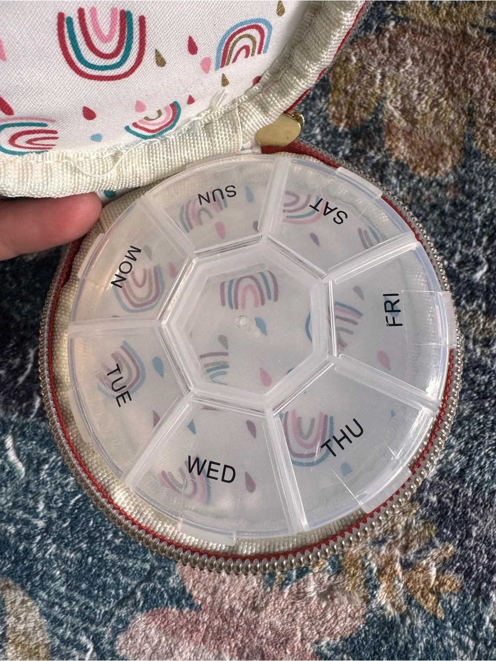 DesignWorks Ink Round 'CHILL PILLS' Pill Box in Light Gray with Red Trim